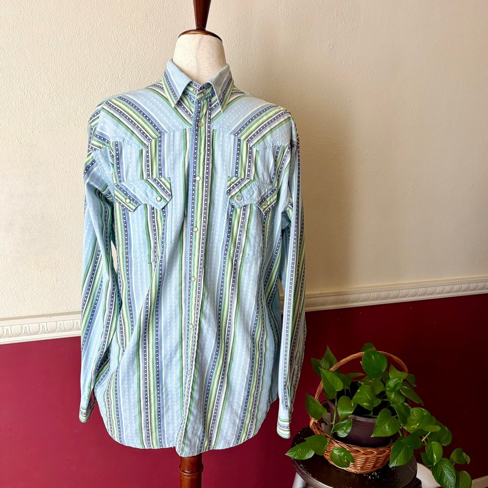 Vintage Express Rider Western Shirt Men's XL Pearl Snap Blue Green Stripe Cowboy